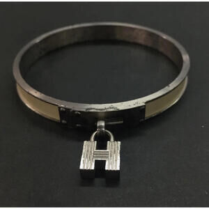 Hermes Kelly Cadena Bangle Silver Tone / White with H Charm Bracelet